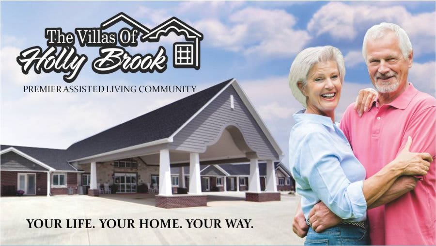 An advertisement for a senior living community, featuring happy elderly residents and the housing complex.