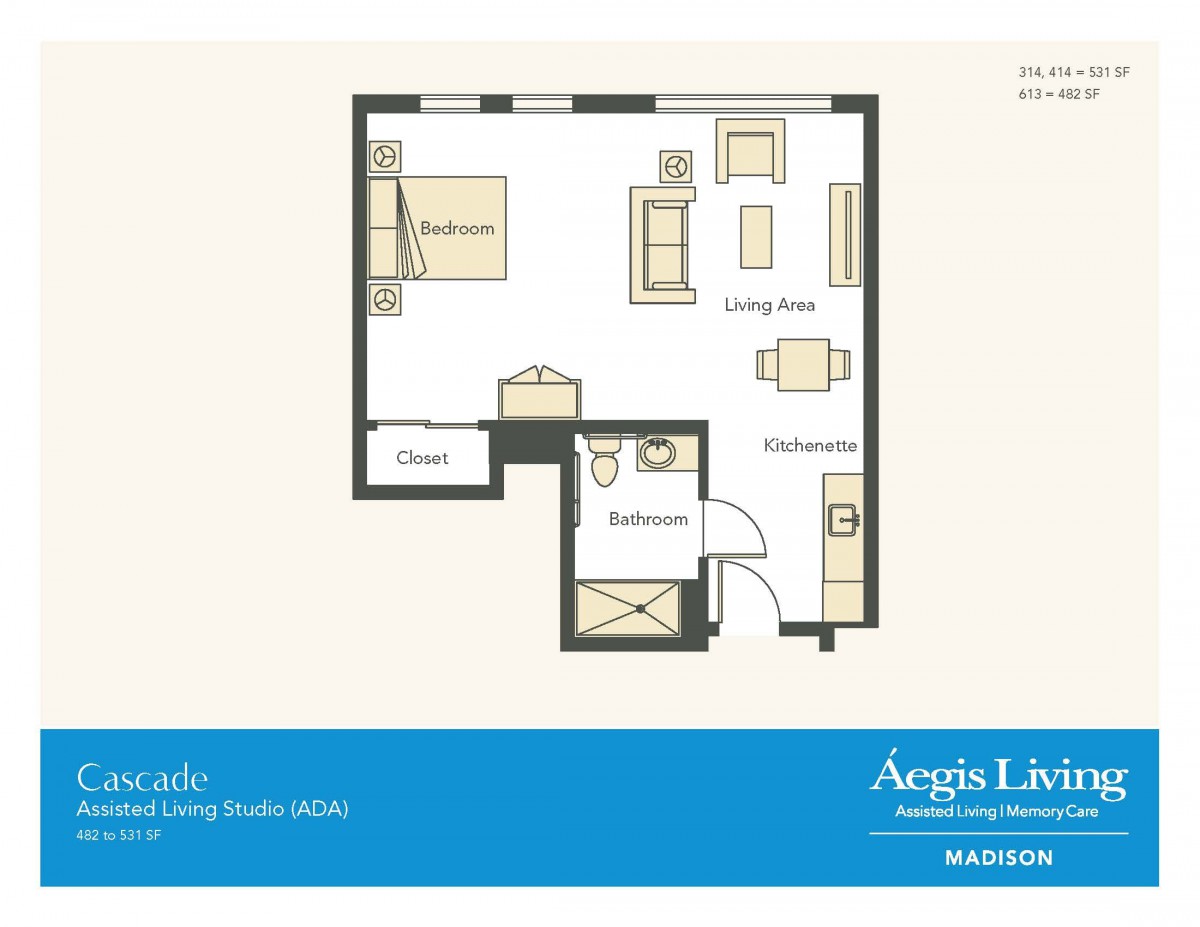 A one-bedroom apartment floor plan featuring a living room, kitchen, and bathroom.