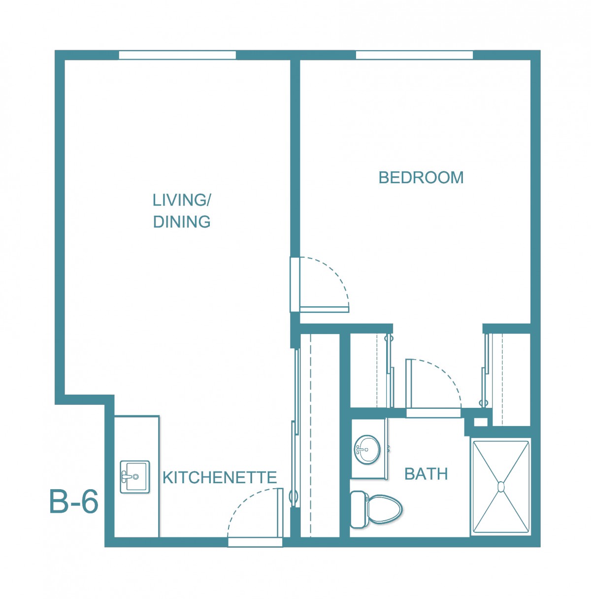 A simple floor plan of a one-bedroom apartment featuring a living/dining area, kitchenette, and bathroom.