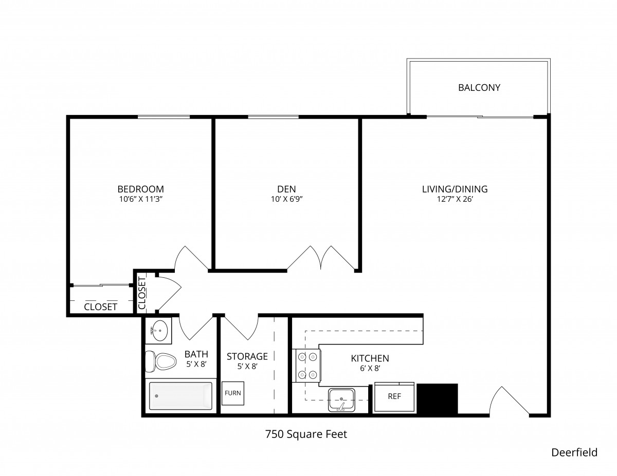 A floor plan depicting an apartment layout with labeled rooms and a balcony.