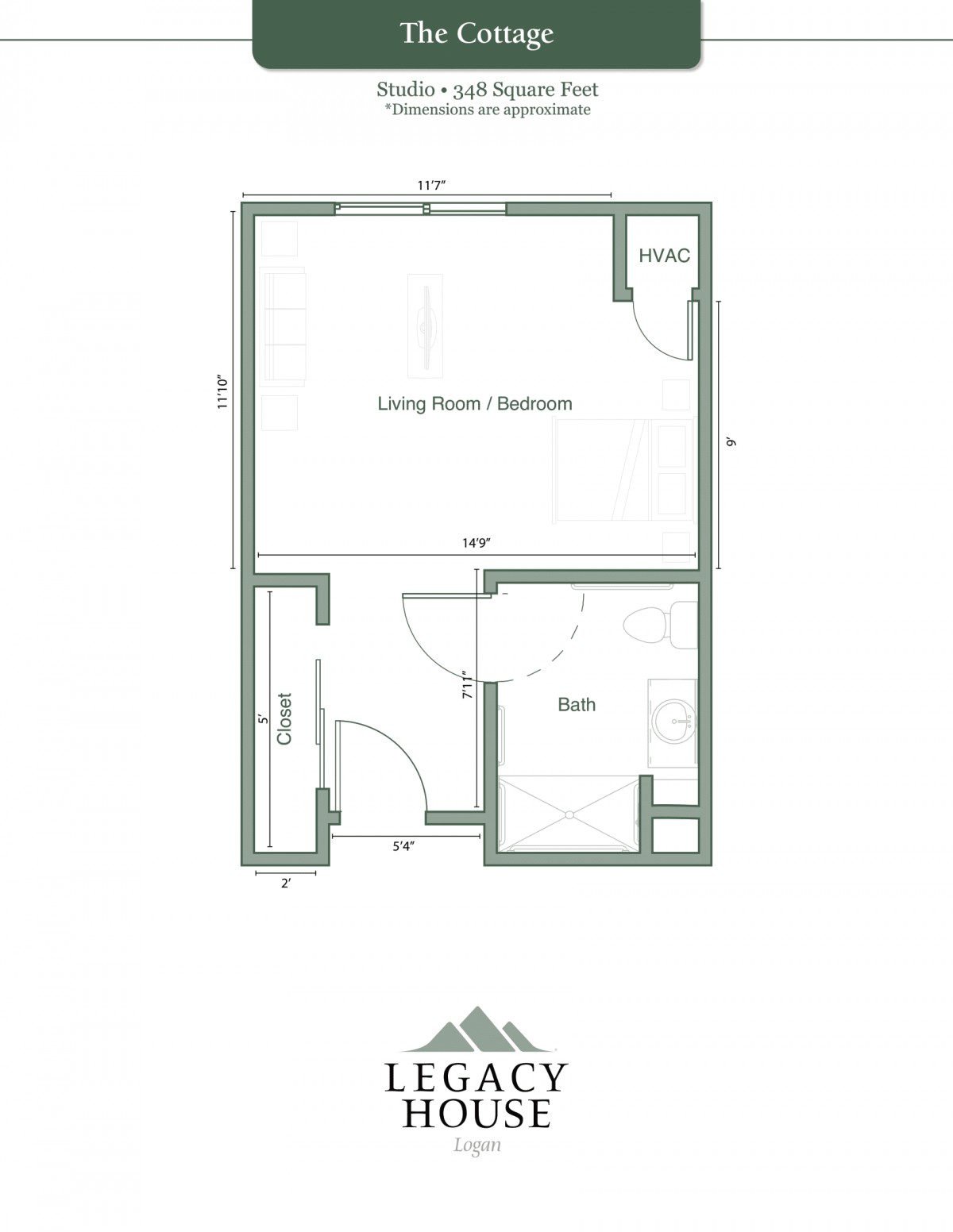 A simple floor plan layout of a small living space with labeled rooms.