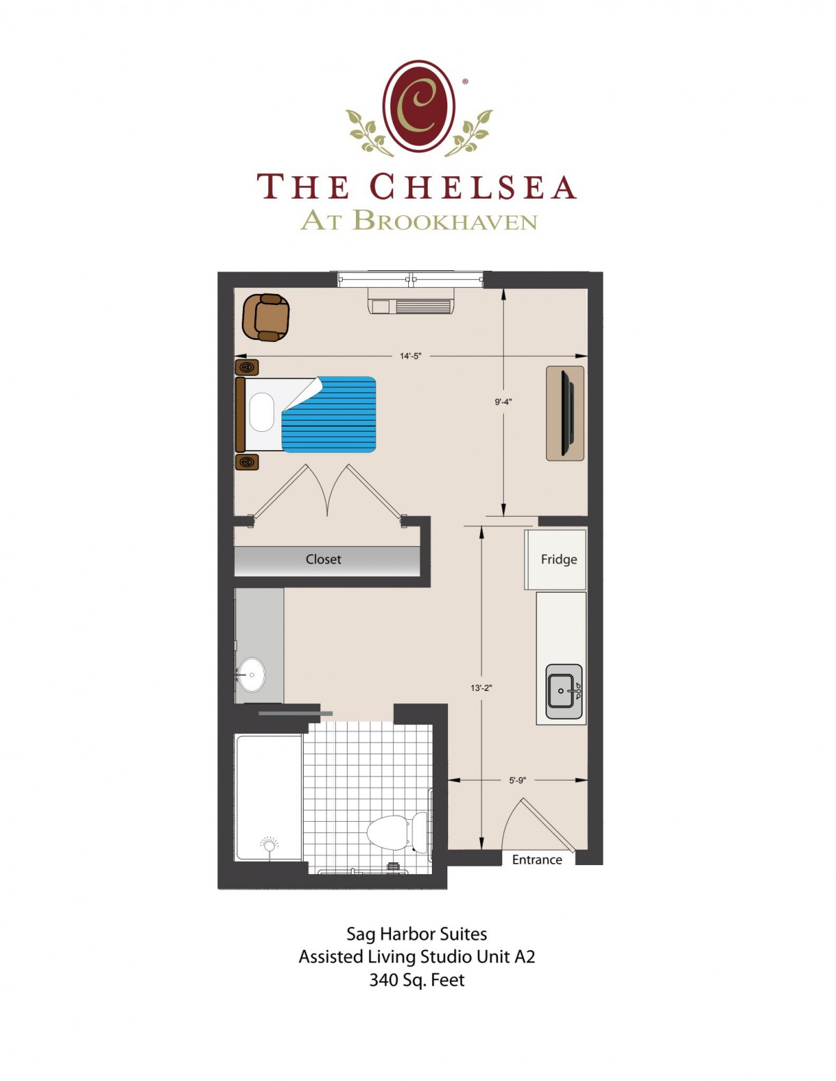 Floor plan of a studio apartment in The Chelsea at Hanover.