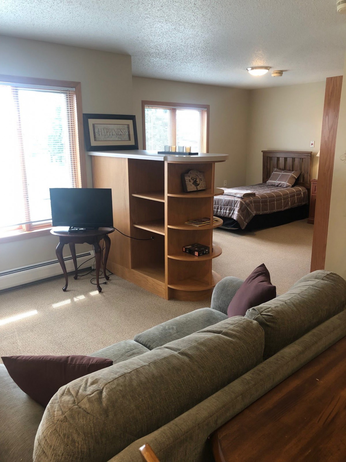 A cozy studio apartment with a combined living and sleeping area.