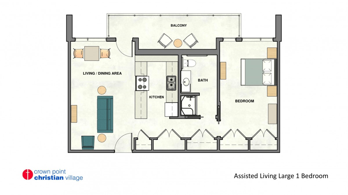 A floor plan of an assisted living apartment featuring a bedroom, bathroom, kitchen, and living area with a balcony.
