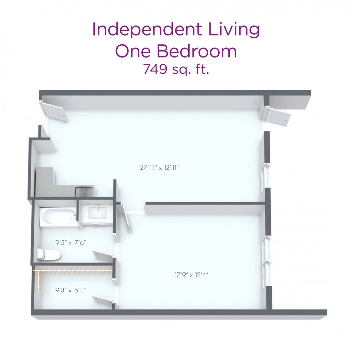 Floor plan of a one-bedroom independent living apartment, measuring 749 sq. ft.