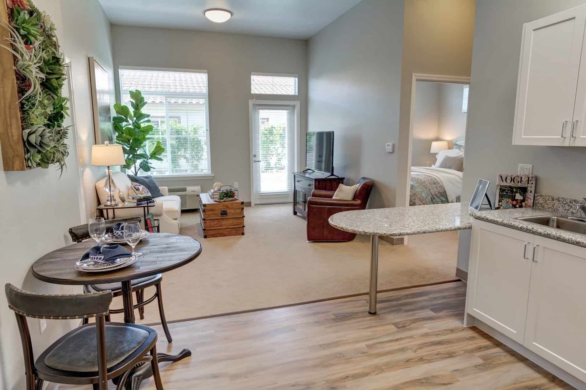 A modern apartment with a well-lit living room and adjoining bedroom.