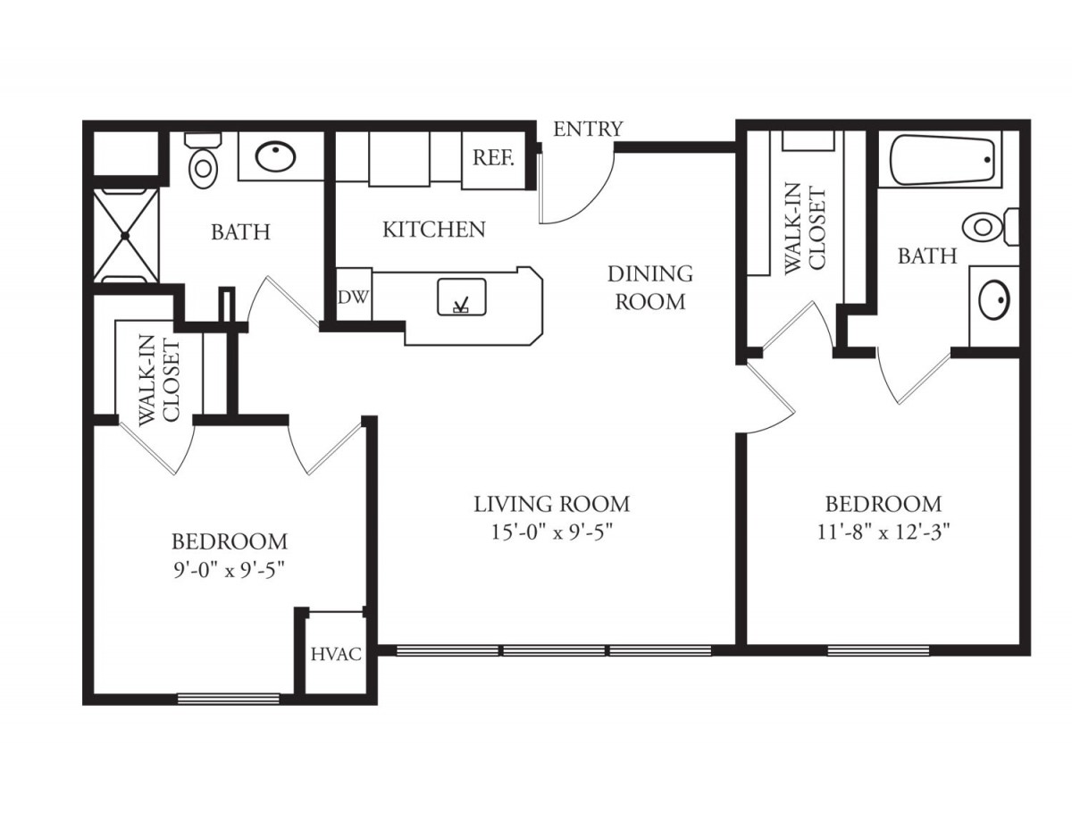 A floor plan of a two-bedroom apartment featuring a living room, kitchen, dining room, bathroom, and multiple closets.