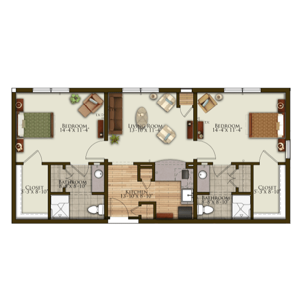 This image depicts a floor plan of an apartment, featuring multiple rooms and common areas.