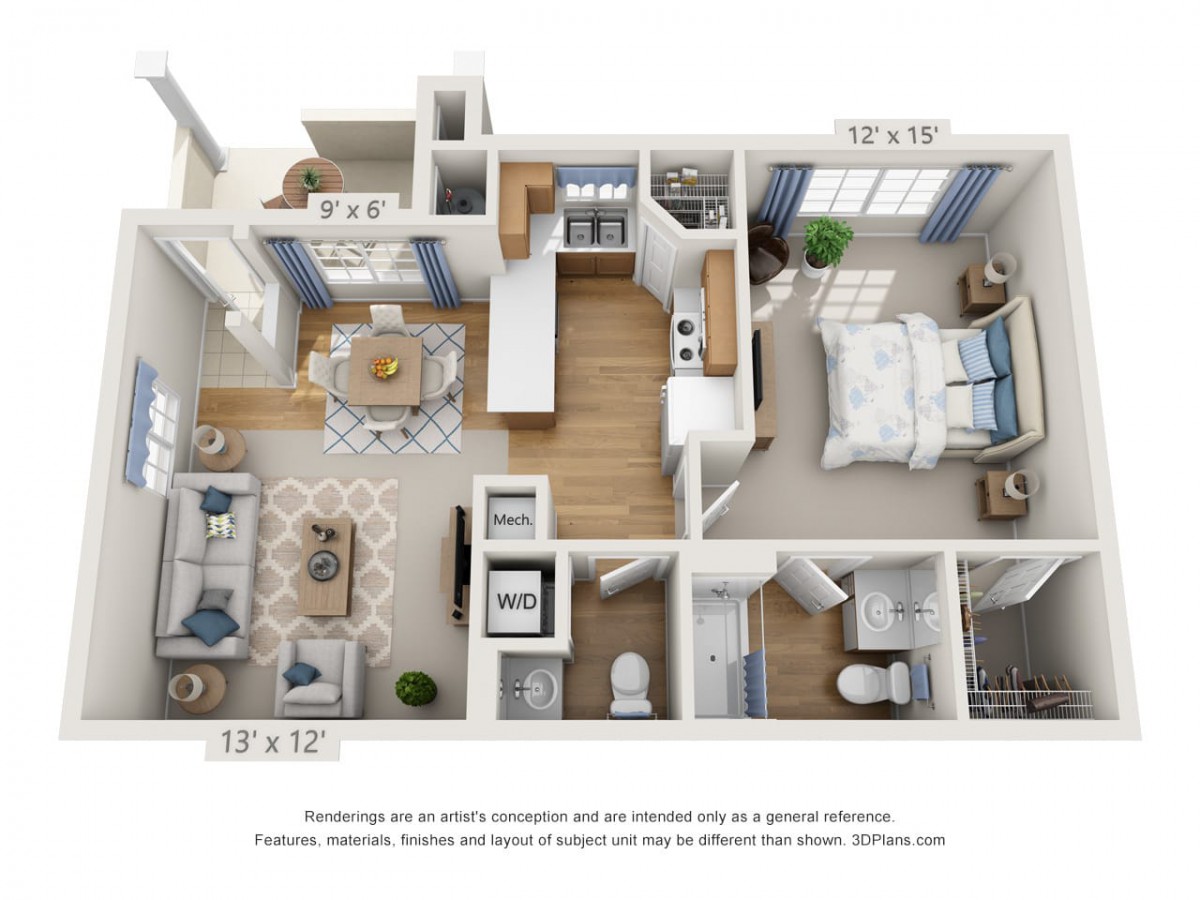 This is a floor plan of a one-bedroom apartment featuring an open concept living area, kitchen, and bathroom.