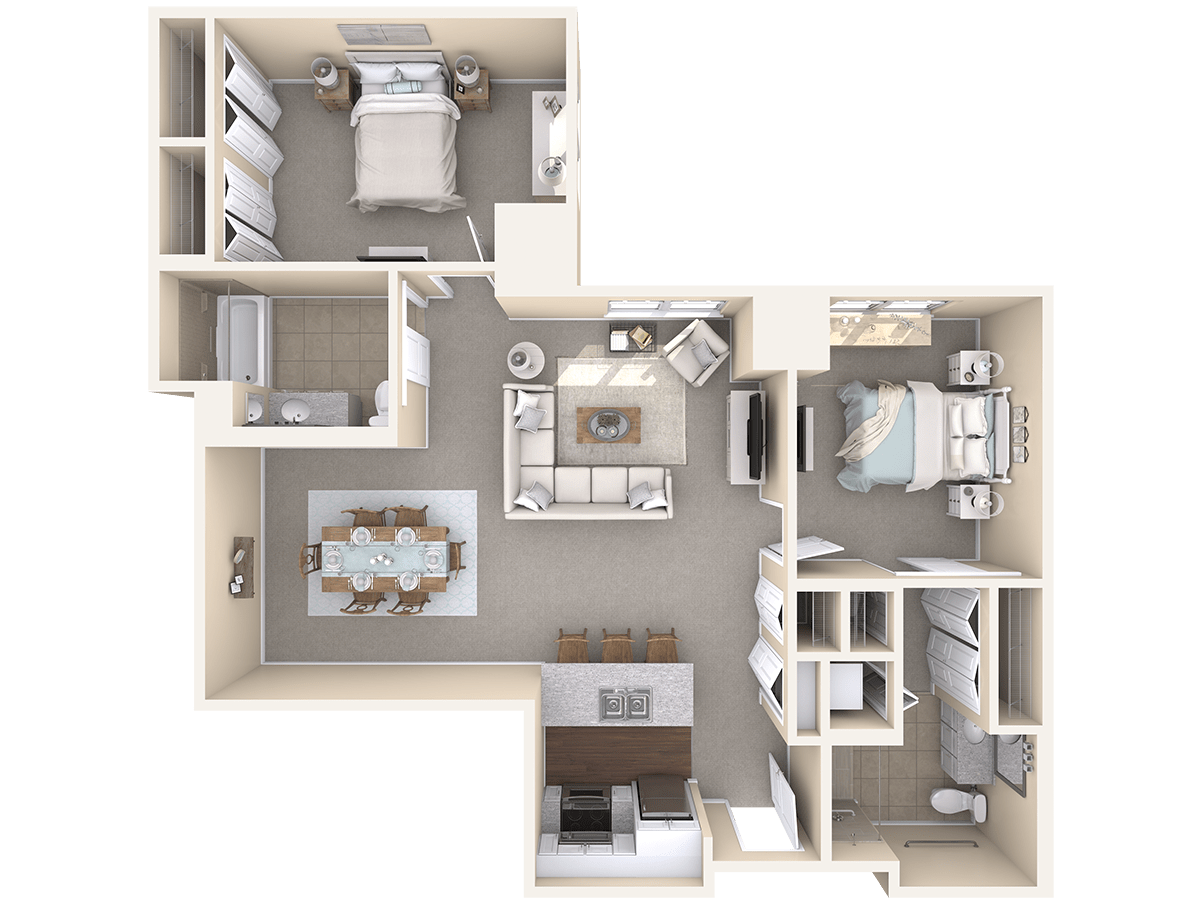 A detailed floor plan of a two-bedroom apartment featuring an open concept living area, kitchen, and dining space.