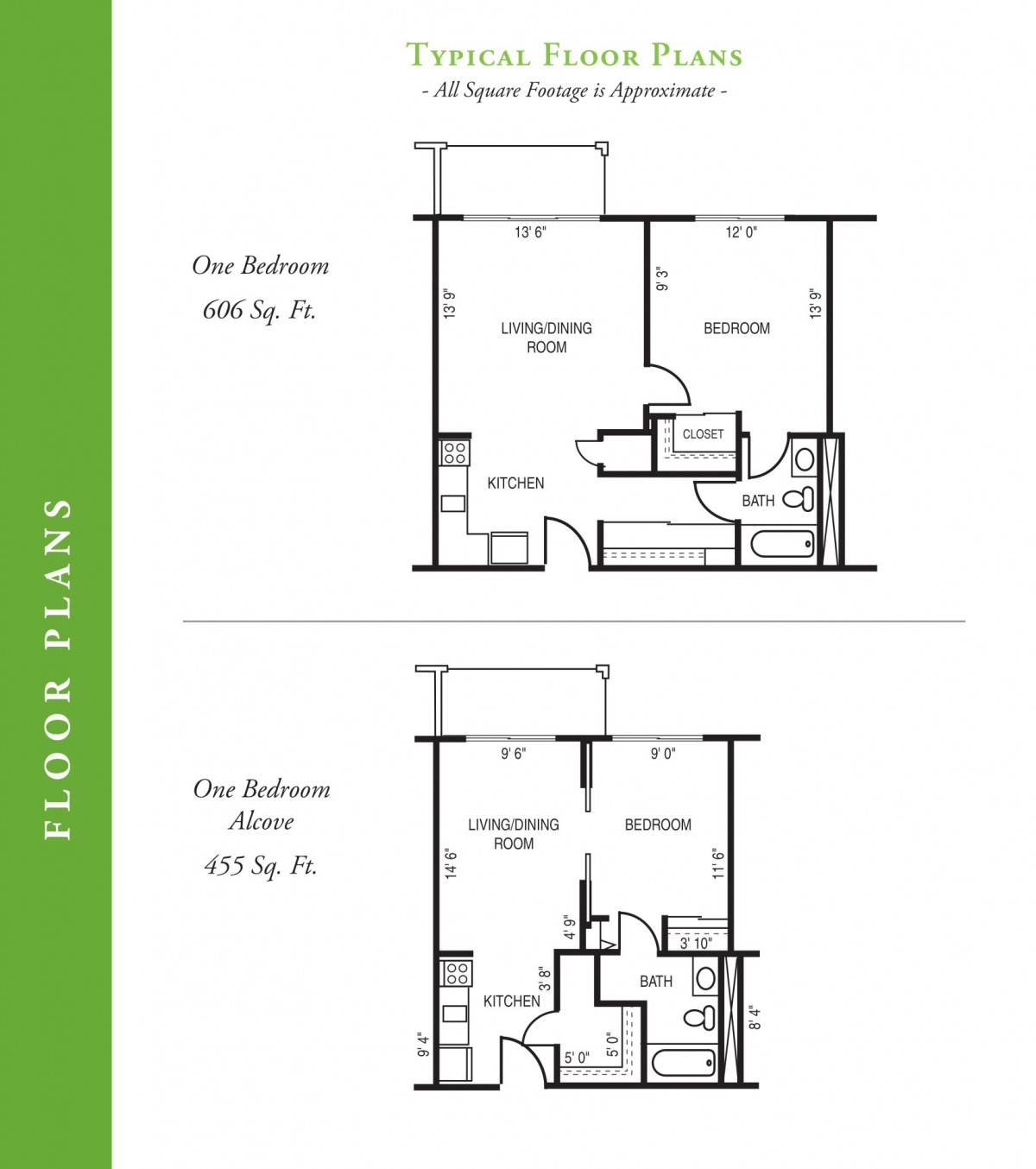 Floor plans of one-bedroom apartments with different layouts and square footage.
