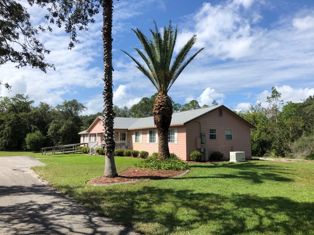 A brick house surrounded by palm trees under a bright blue sky with clouds.