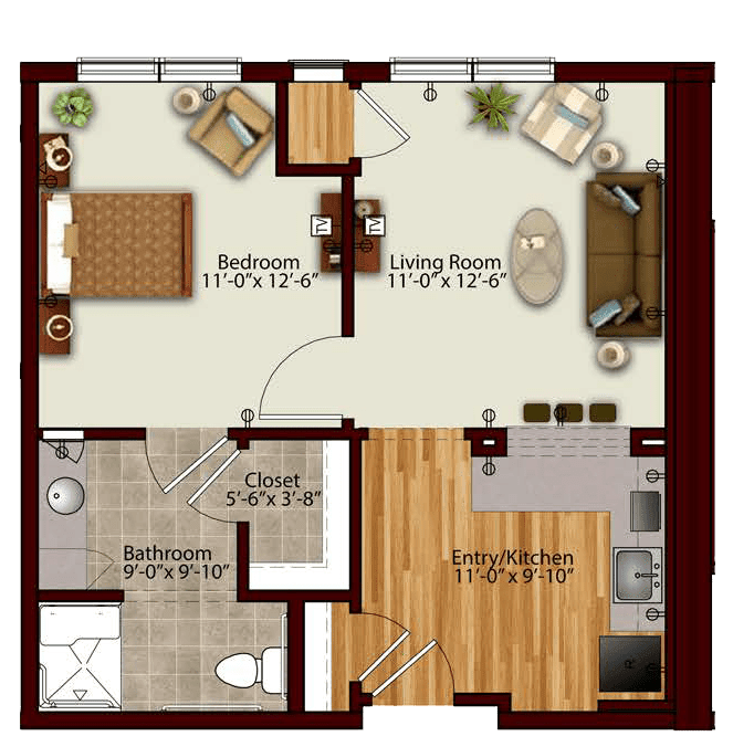 One-bedroom apartment floor plan with living room, kitchen, and bathroom.