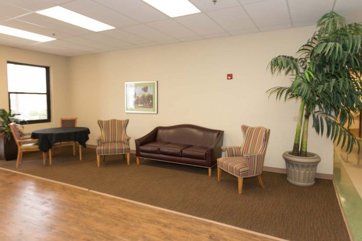 A cozy waiting room with a sofa, chairs, and a potted plant.