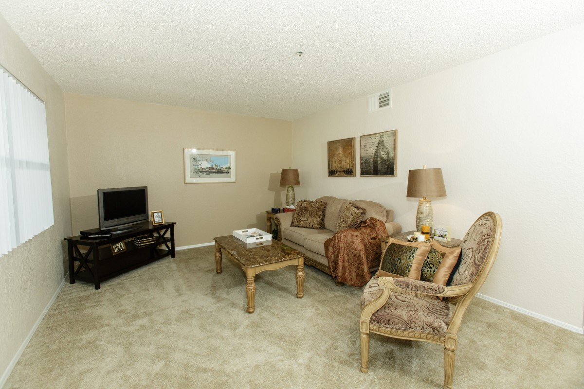 A cozy living room with a sofa, armchair, coffee table, and a TV.