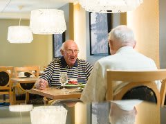 Two elderly men sharing a conversation over a meal in a cozy restaurant setting.