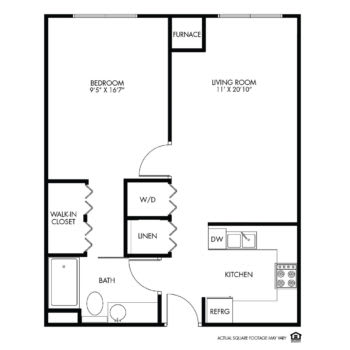 A floor plan layout for a one-bedroom apartment, including a kitchen, living room, and bathroom.