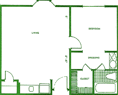 Blueprint of a one-bedroom apartment layout with living and dressing areas.
