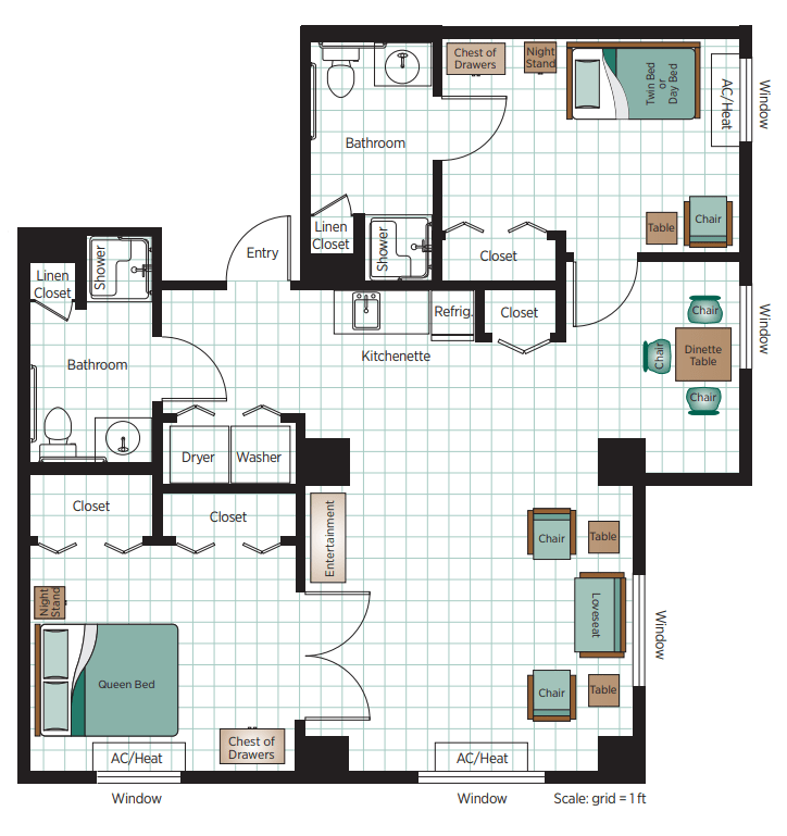 A detailed floor plan of a two-bedroom apartment, showcasing the layout with labeled furniture and rooms.