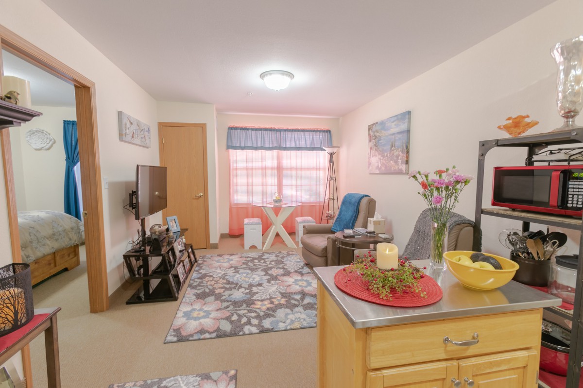 A cozy living room with a television, seating area, floral rug, and decorative accents.
