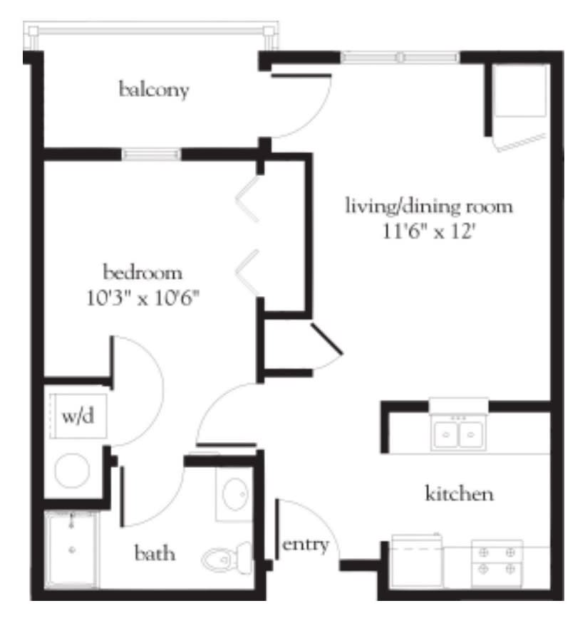 A floor plan of a one-bedroom apartment featuring a living room, kitchen, bathroom, and balcony.