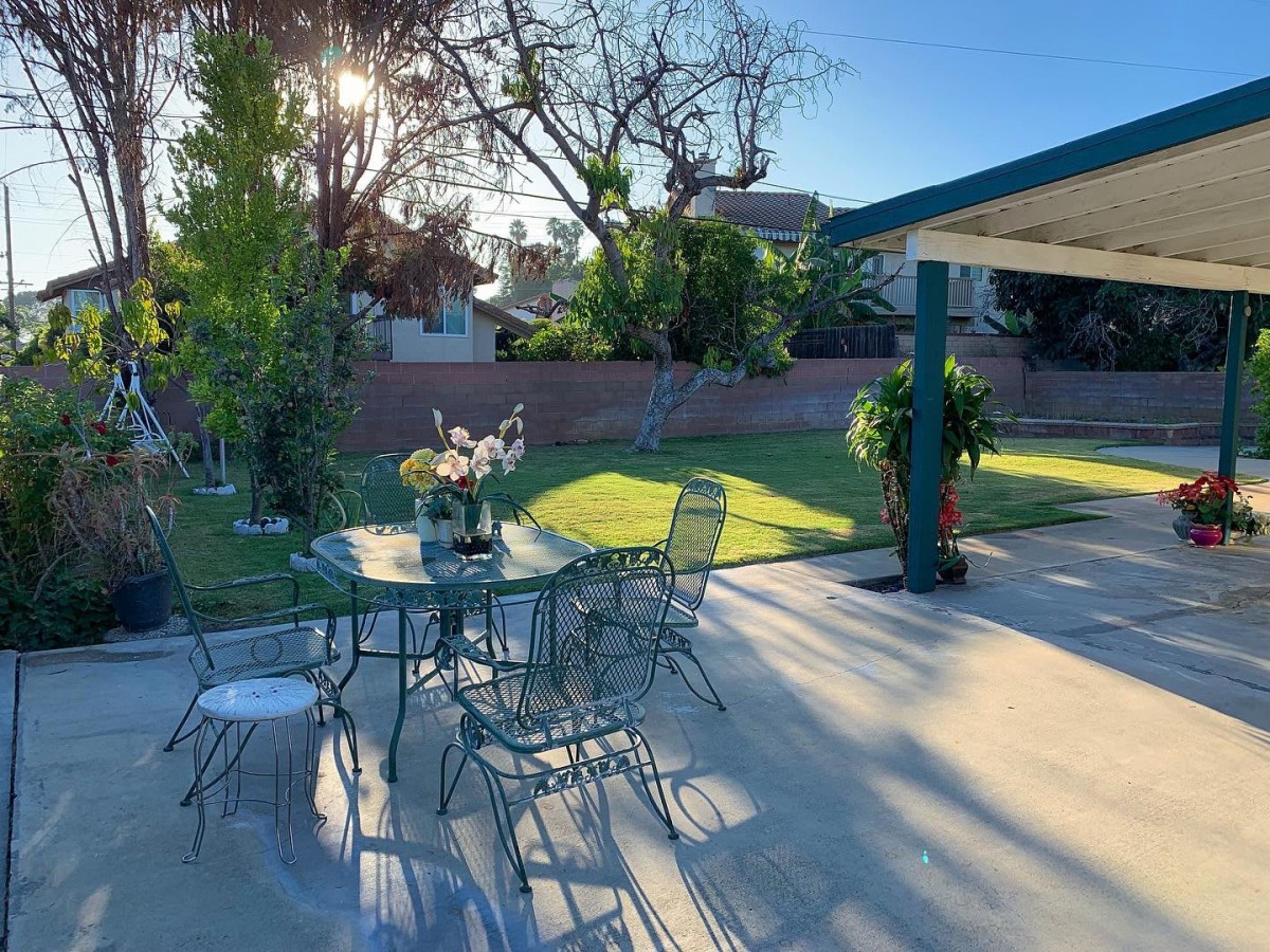 A sunny backyard with a patio set and lush greenery.