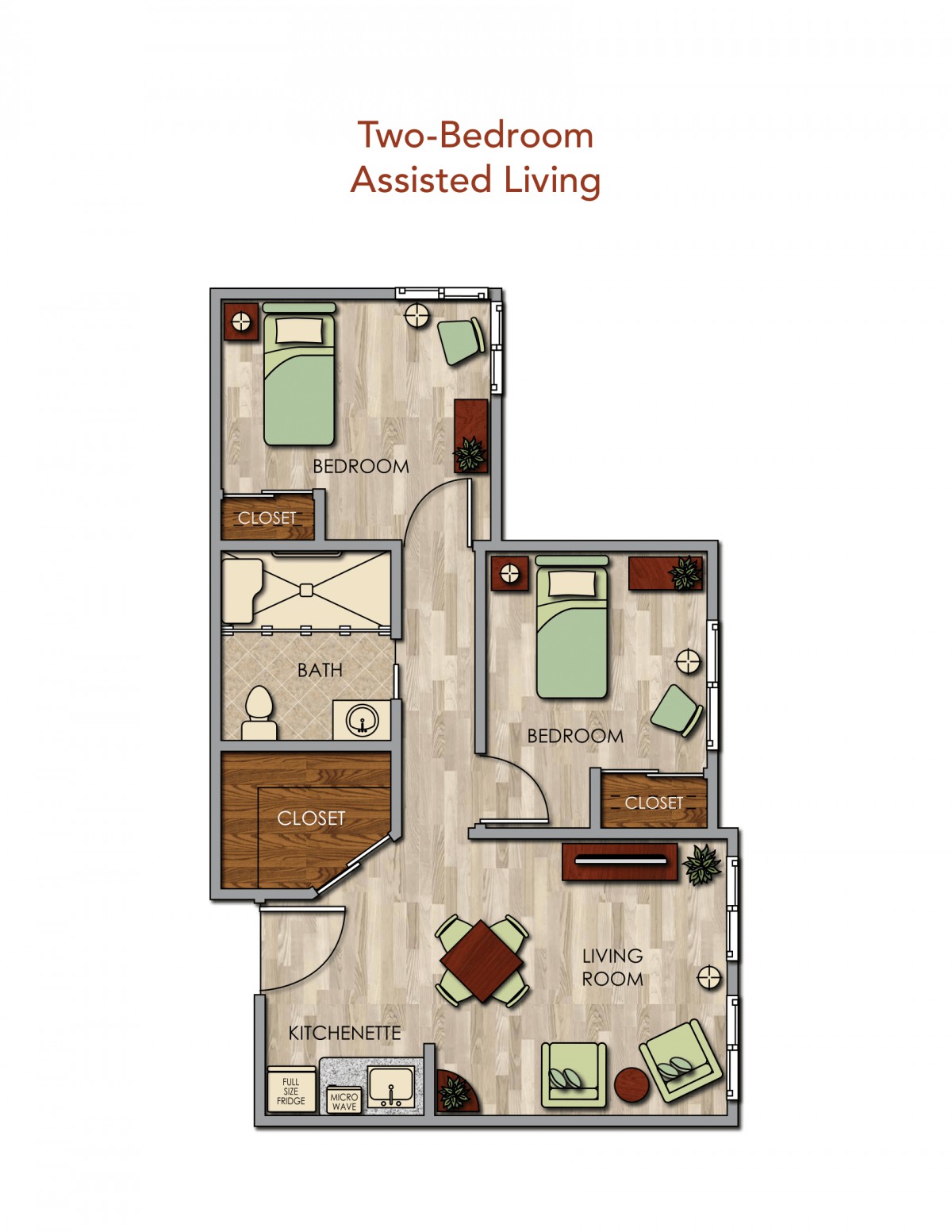 A two-bedroom assisted living apartment floor plan.