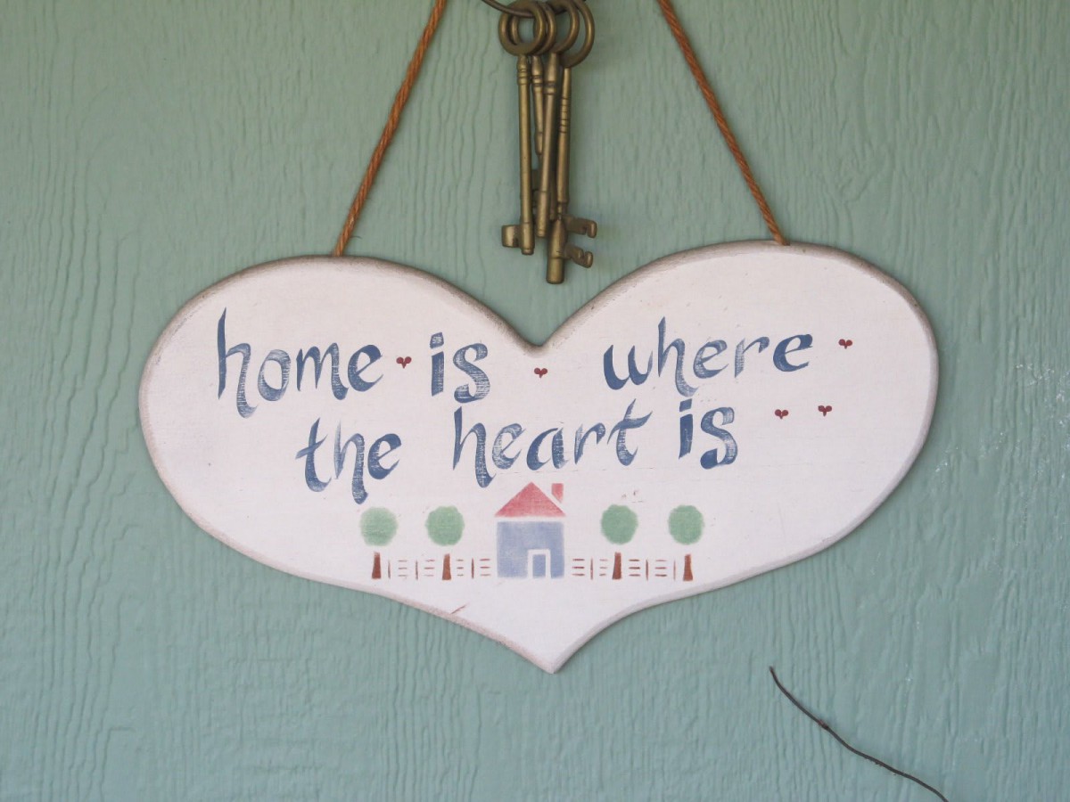 A heart-shaped sign with the phrase 'Home is where the heart is' hanging on a wall.