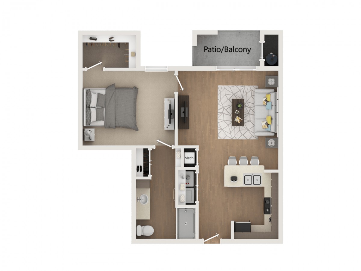 One-bedroom apartment floor plan with living room, kitchen, bathroom, and balcony.
