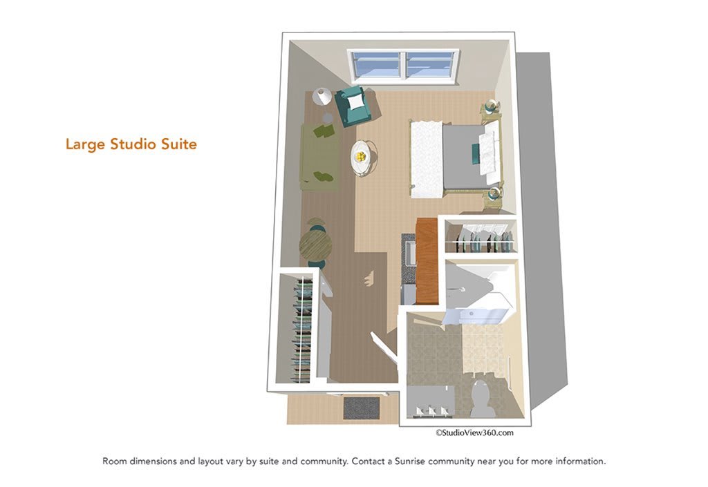3D floor plan of a studio suite with a bedroom, living area, and bathroom.