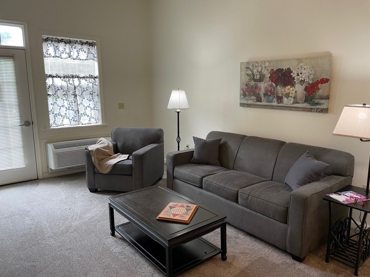 A cozy living room with a gray sofa and armchair, a coffee table, and decorative elements like a painting and lamp.