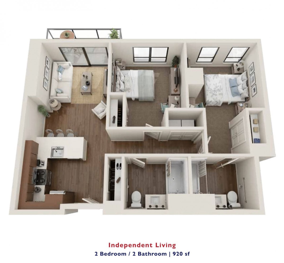3-bedroom, 2-bathroom apartment floor plan for independent living.