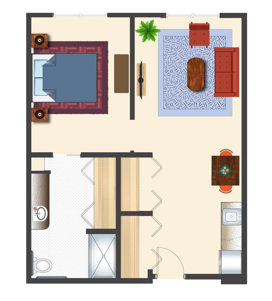 A simple floor plan showing a one-bedroom apartment with a living room and furniture arrangement.