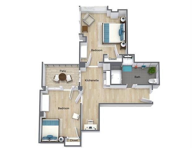 A 3D floor plan of an apartment showing the layout of rooms and furniture.