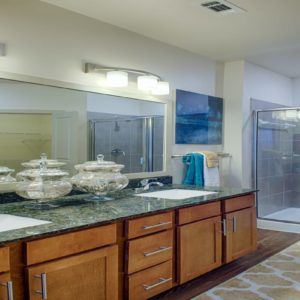 A modern bathroom with a double sink vanity and glass shower enclosure.