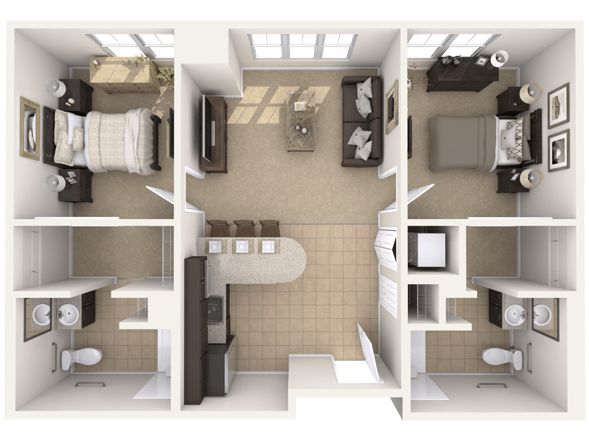 A floor plan of a two-bedroom apartment with an open living and kitchen area.