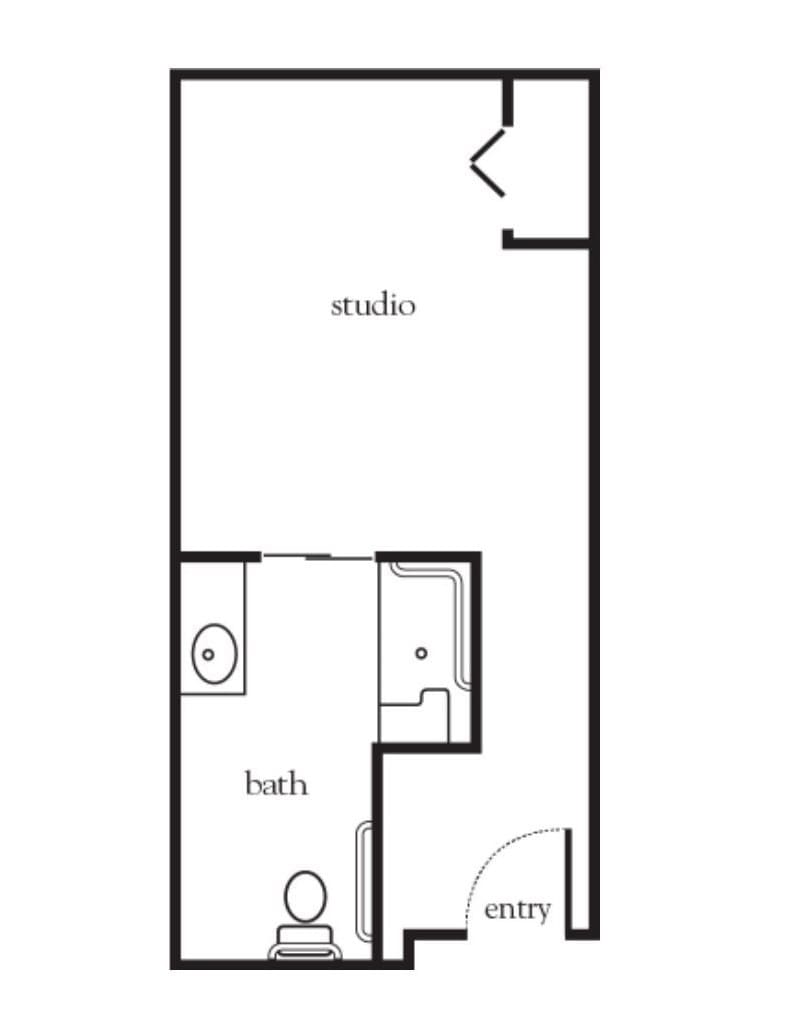 A simple floor plan of a studio apartment with a designated bathroom area.