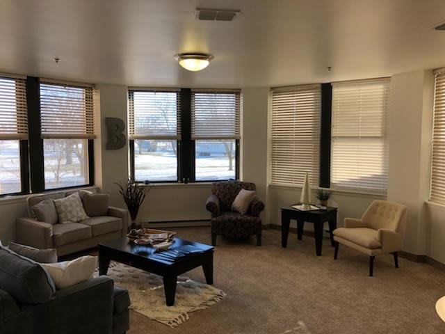 A cozy living room with ample natural light.
