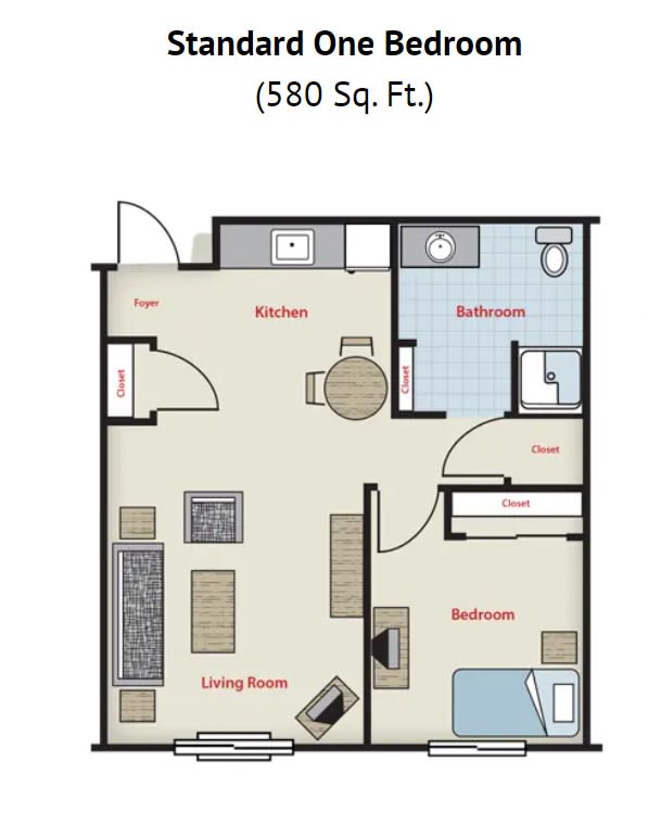 A floor plan of a 600 square foot, one-bedroom apartment showing the layout of the kitchen, living room, bathroom, and bedroom.