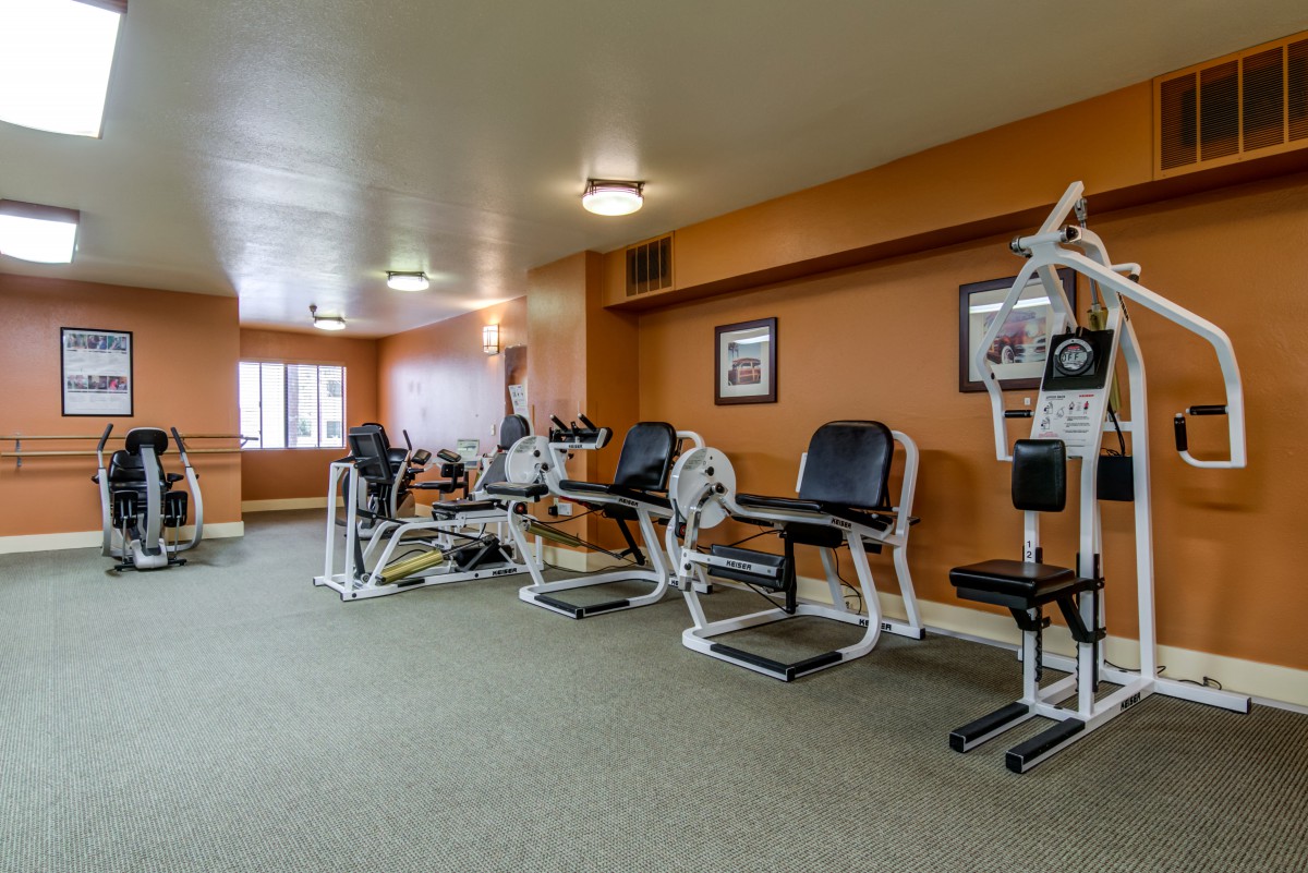 A spacious gym with various exercise machines and an orange wall.