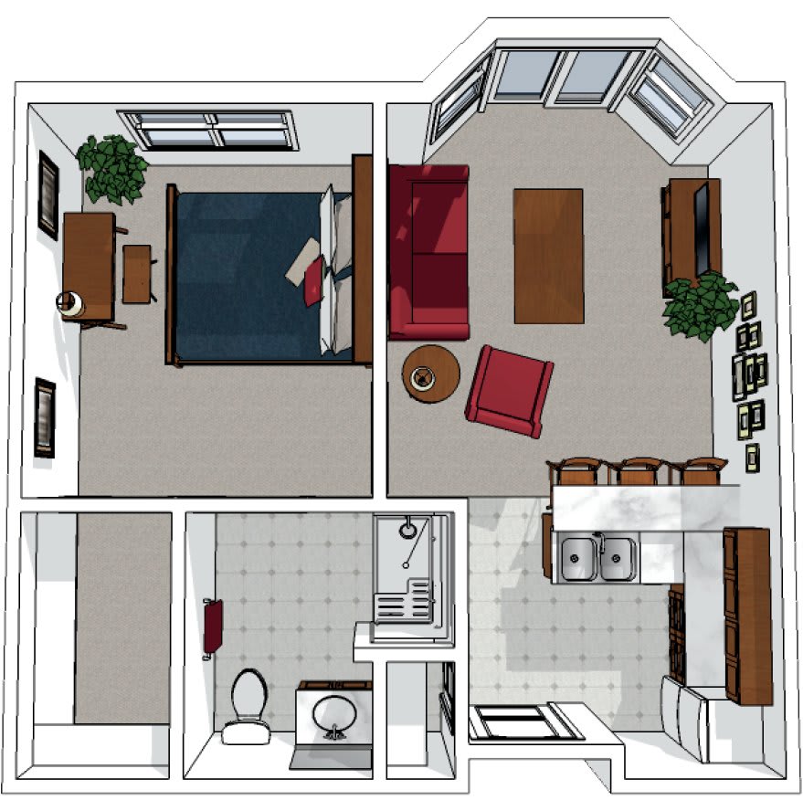 A detailed floor plan of a one-bedroom apartment featuring a living room, kitchen, bathroom, and bedroom with furniture placements.
