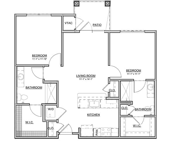 A floor plan of a two-bedroom apartment with living room, kitchen, bathrooms, and patio.