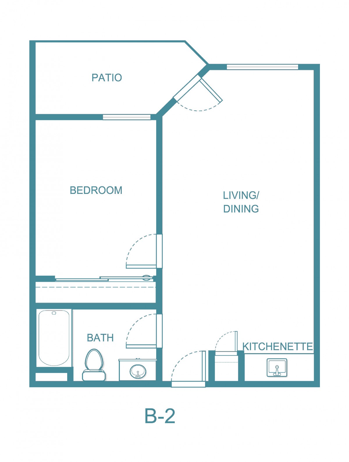 A floor plan of a one-bedroom apartment featuring a living/dining area, kitchenette, bathroom, bedroom, and patio.