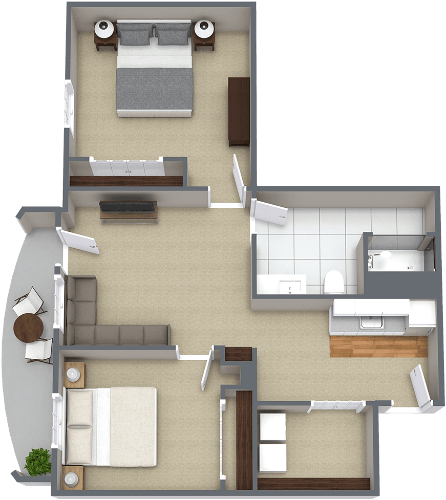 A 3D-rendered floor plan of a two-bedroom apartment featuring an open living area and kitchen.