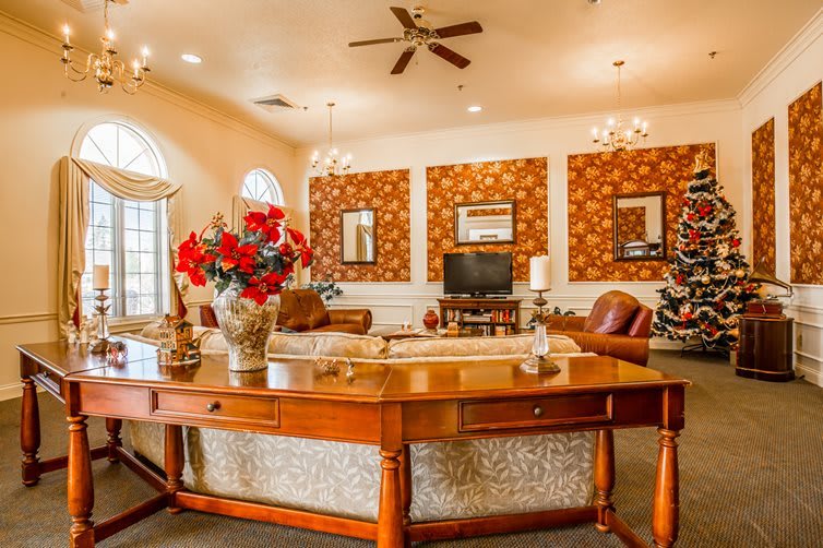A cozy living room with elegant decor and comfortable seating.