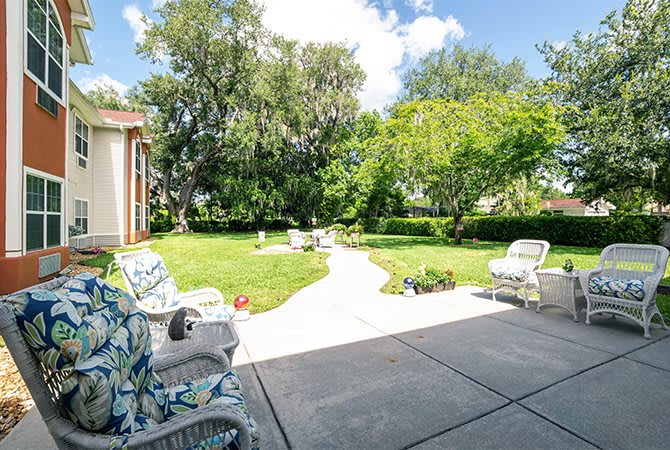 A sunny garden view with a patio, featuring chairs and a winding pathway leading through lush greenery.