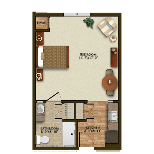 A floor plan of a compact one-bedroom apartment featuring a living area, kitchen, bathroom, and bedroom.