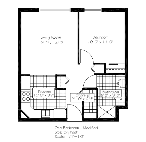 A floor plan of a one-bedroom apartment featuring a living room, kitchen, and bathroom.