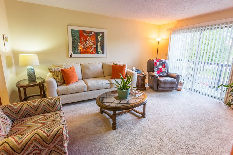 A cozy living room with a comfortable sofa, coffee table, and a warm ambiance.