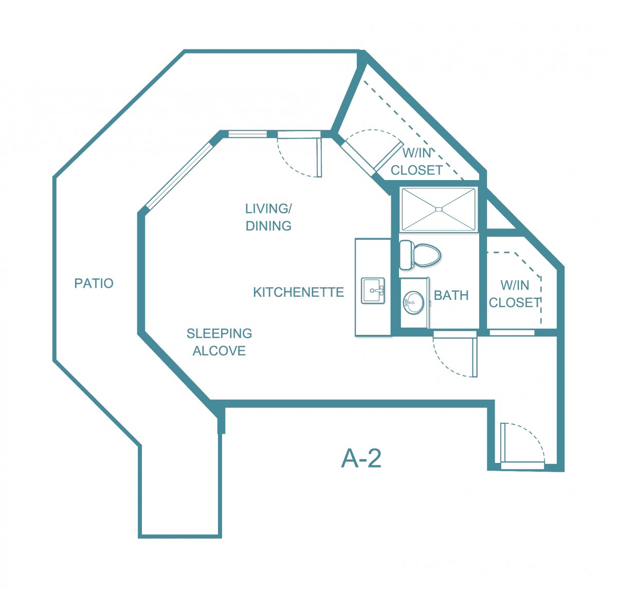 Floor plan of a studio apartment with living area, kitchenette, bathroom, and patio.